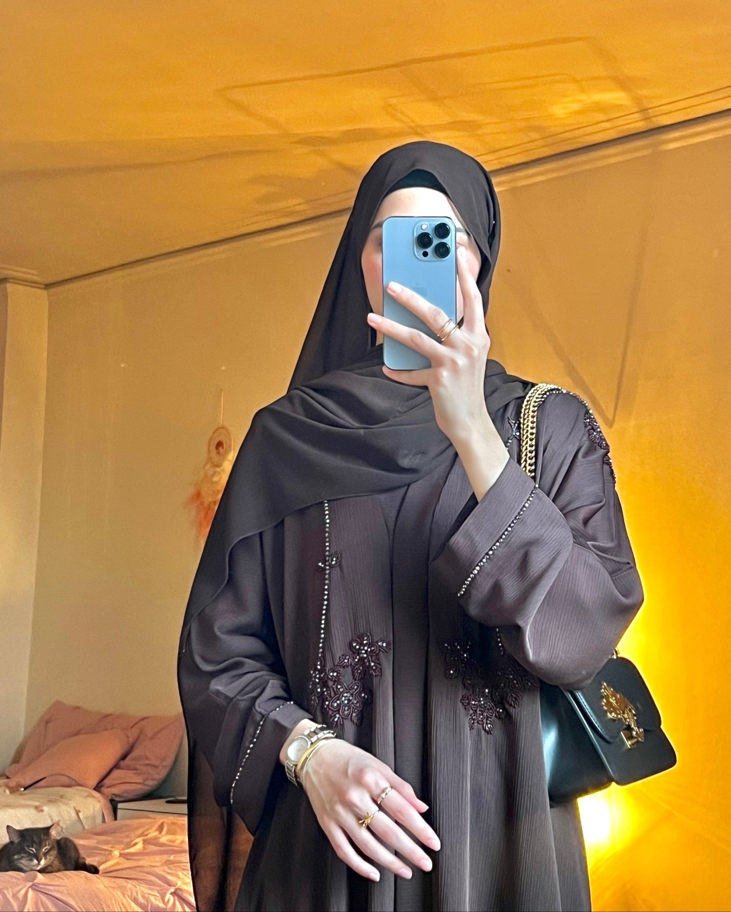 Amal open Abaya with hijab in coffee brown