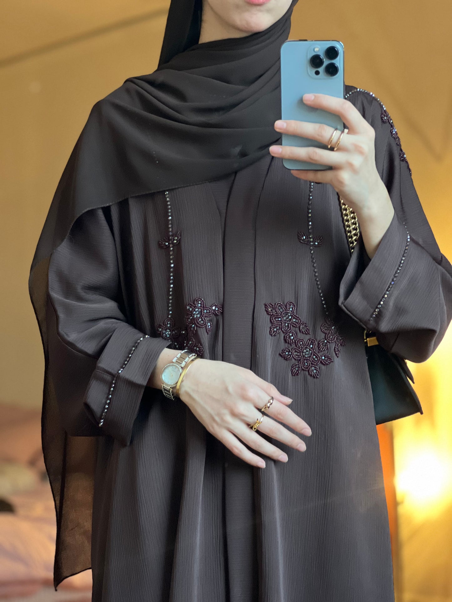 Amal open Abaya with hijab in coffee brown