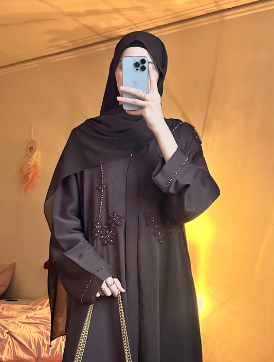 Amal open Abaya with hijab in coffee brown